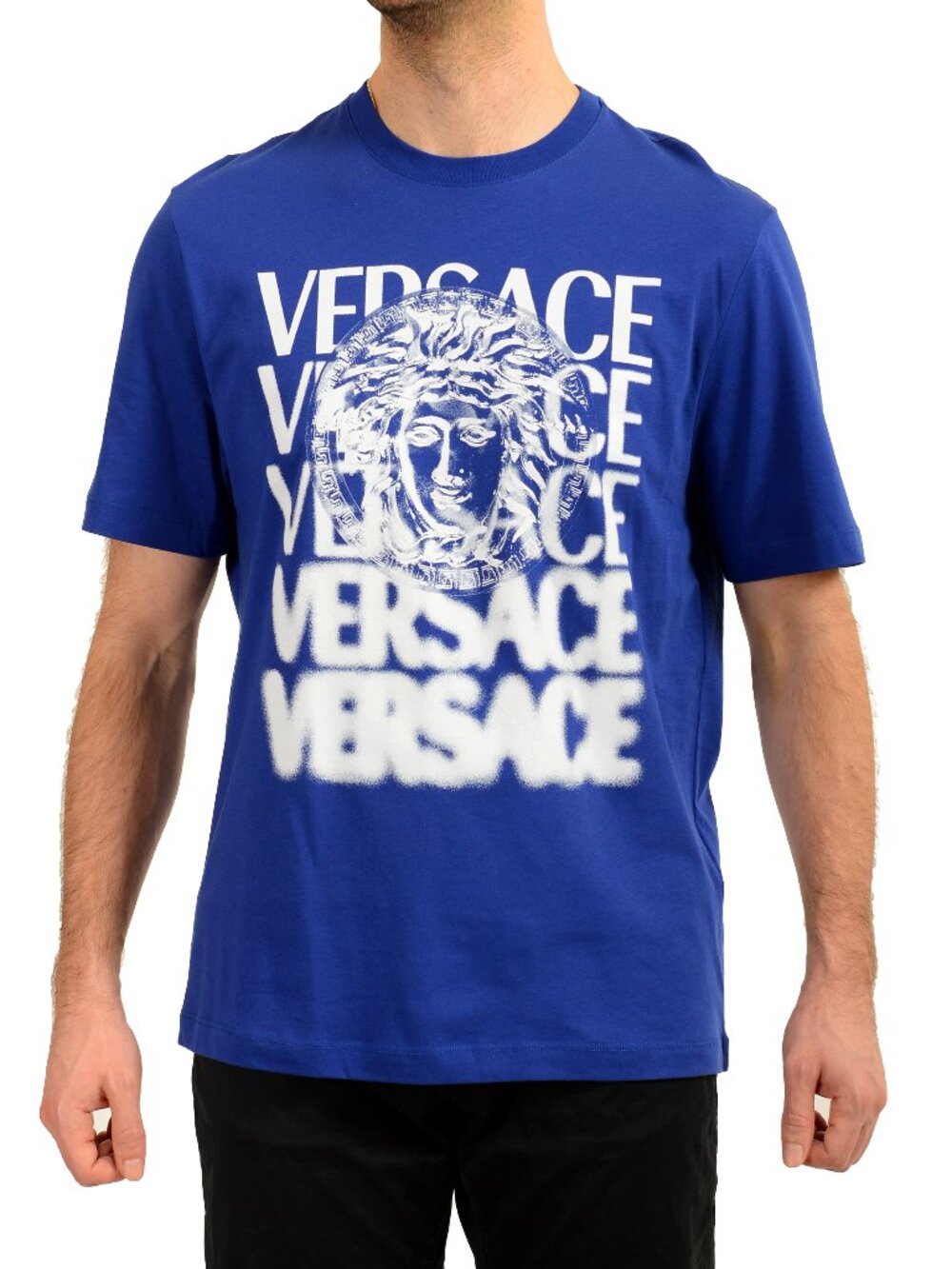 Versace Men's Blue Logo Print Crewneck Short Sleeve T-Shirt US 3XL IT 58